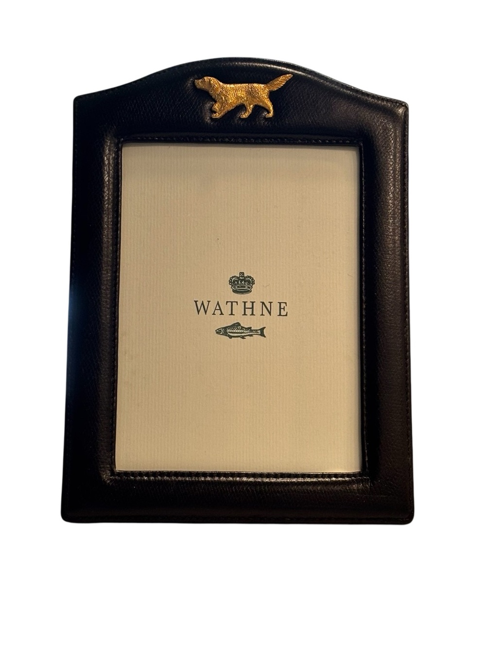 Vintage Wathne Black Leather Picture Frame with Gold Dog Accent